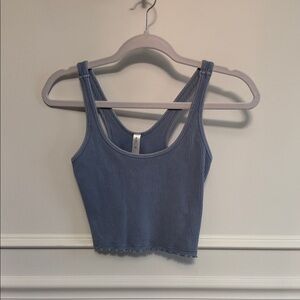Blue Ribbed Crop Top with Ruffle Trim